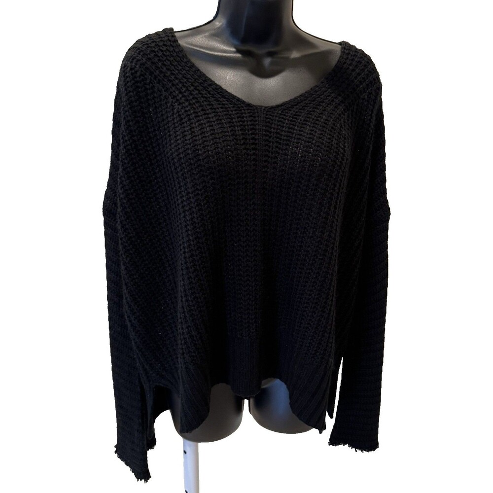 Shein Womens Oversized Sweater Size L Chunky Knit V-Neck Black Frayed Hem Sleeve